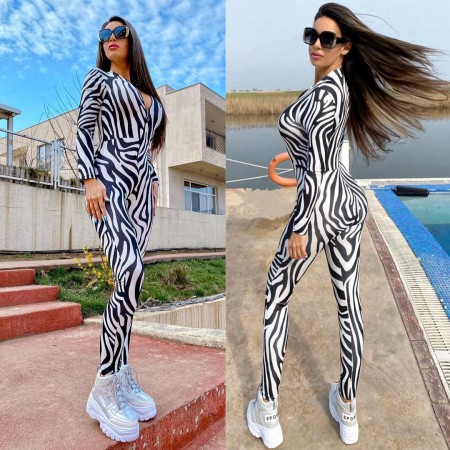 Salopeta dama casual sport stramta alba cu fermoar si imprimeu Zebra
